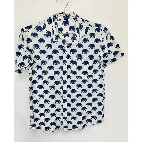 Men’s Size Medium 38 Handprinted Allover Elephant Print Button Down Shirt White - Picture 1 of 9
